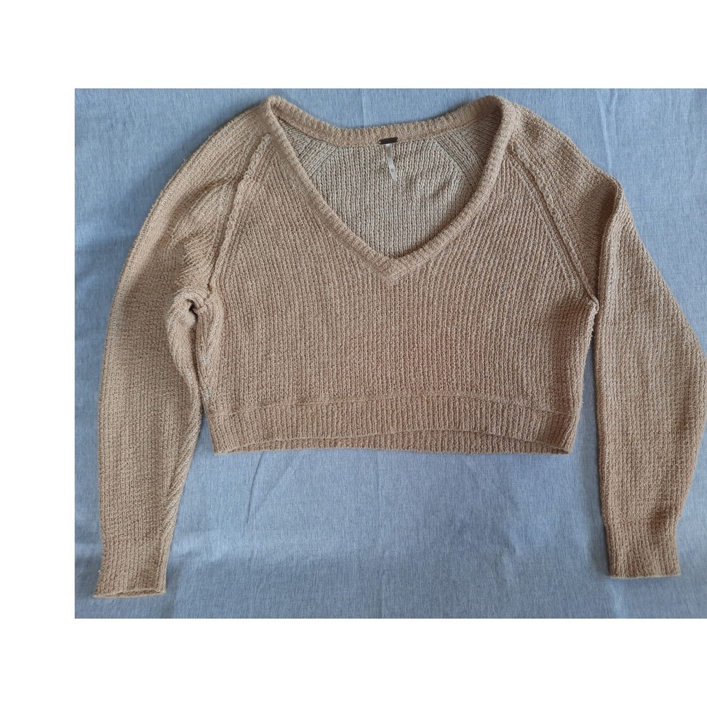 Free People Women XS Relaxed Fit Waffle Crochet Crop Sweater v Neck Nylon Blend